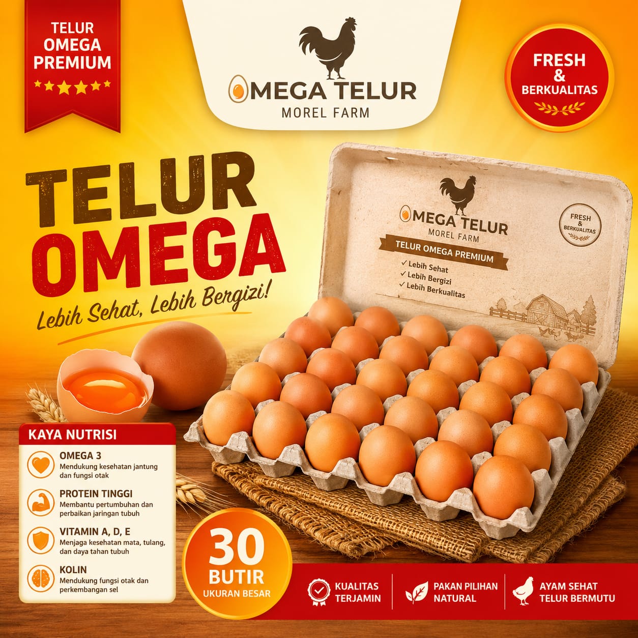 Telur Ayam Omega Morel Farm dalam tray isi 30 butir